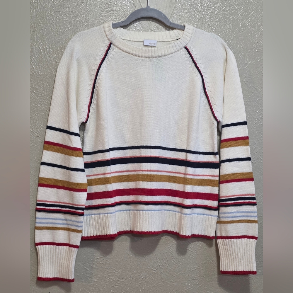 Ecru Striped Sweater Women Size L Knit‎ Fabric Multicolot Classic Casual